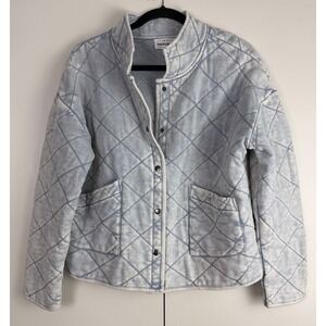For The Republic Womens Quilted Denim Snap Jacket Acid Wash Light Blue‎ Size M